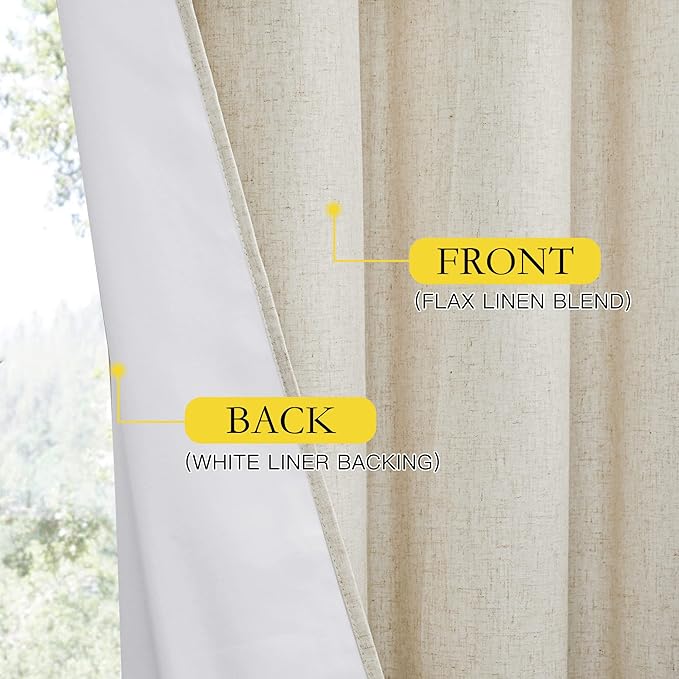 NICETOWN 100% Blackout Natural Linen Curtains 95 inches Length for Dining Room, 2 Panels Set, 62" Wide, Farmhouse Style Room Cooling Window Draperies with Thermal Insulated Liners