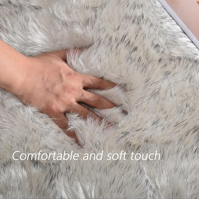 Latepis Round Area Rugs 6ft White with Grey Tips Faux Sheepskin Fur Circle Rugs for Living Room Washable Fuzzy Rug for Bedroom Nursery Dorm Entertainment Room Luxury Home Decor