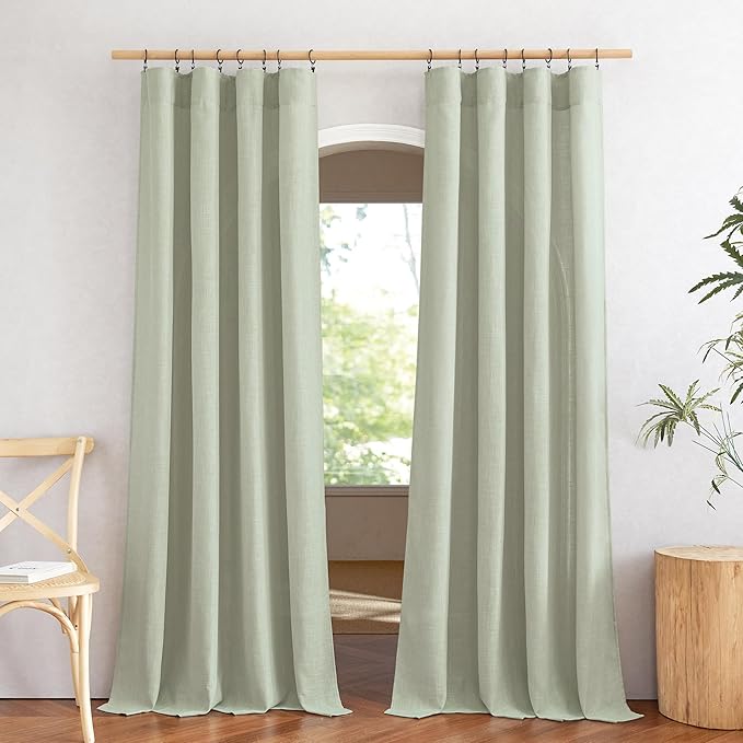 NICETOWN Sage Green Curtains for Living Room, Rod Pocket & Back Tab Natural Linen Blend Semi Sheer Window Treatments Privacy with Light Filtering for Bedroom/Nursery, W52 x L84, 2 Panels