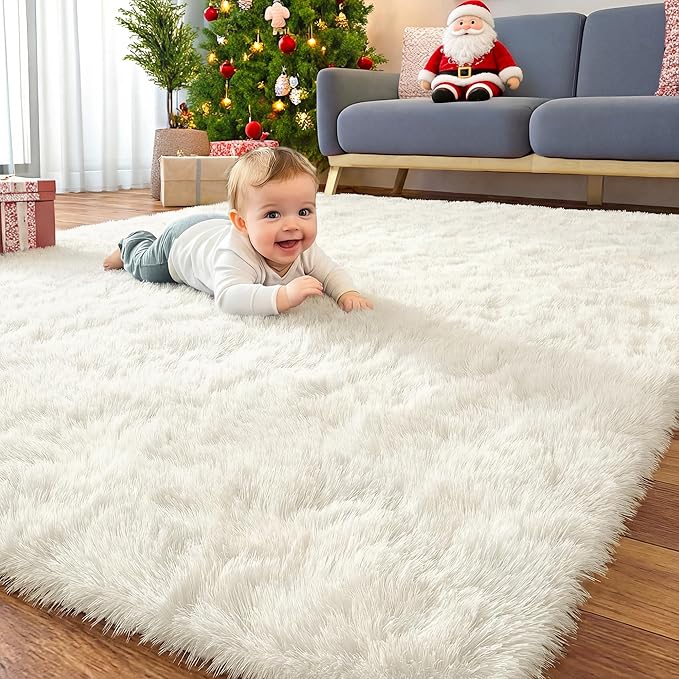OLANLY 4x12 Area Rugs for Living Room Bedroom, Machine Washable Soft Fluffy Shaggy Bedside Rug, Indoor Floor Carpet for Kids Girls and Boys, Dorms, Nursery Rooms, Home Decor Aesthetic, Ivory
