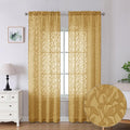 Lecloud Leia Dark Gold Sheer Curtains 90 Inches Long 2 Panels, Textured French Door Dual Rod Pockets Curtains, Farmhouse Leaf Living Room Bedroom Drapes Window Treatments, 40 W x 90 L
