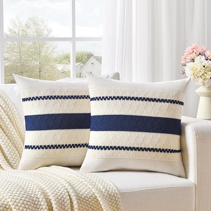 Fancy Homi Set of 1 Navy Blue Decorative Throw Pillow Covers 20x20 Inch for Couch Bed Sofa Living Room Office, Aesthetic Modern Organic Farmhouse Home Decor, Soft Cotton Woven Textured Cushion Case