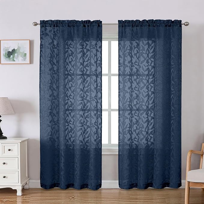 Lecloud Leia Navy Blue Sheer Curtains for Living Room Decor 78 Inches Long 2 Panels Set, Jacquard Leaf Textured Light Filtering Bedroom Curtains, Rod Pockets Airy Drapes, Each Panel 42" W x 78" L
