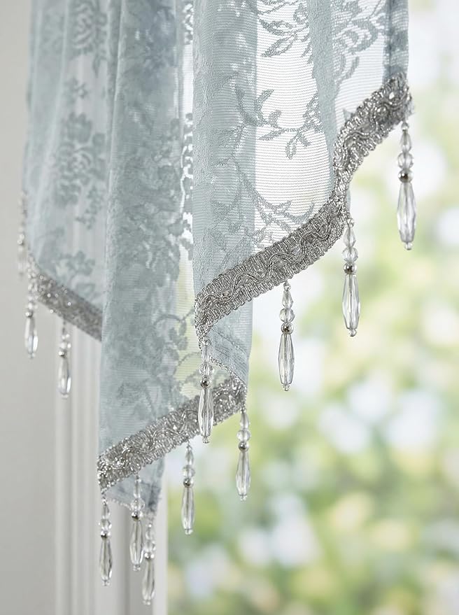 Molaxhome Swag Curtain 51 inch Length Rod Pocket Scalloped Curtain Valance Sheer Lace Panels with Hanging Crystal Beads for Kitchen Bedroom Window Treatments Drape Decor 1pc (Lace Grey, 51Wx23L)