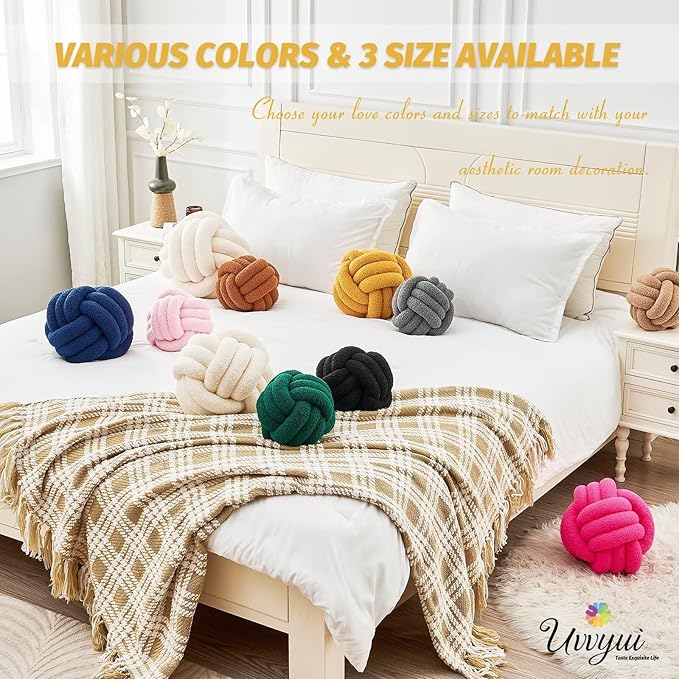 Uvvyui Knot Pillow Ball, Soft Home Decorative Pillows, Round Throw Pillow, Handmade Knotted Plush Pillow, Round Boucle Pillow Cushion (8.6 Inches Dark Yellow)