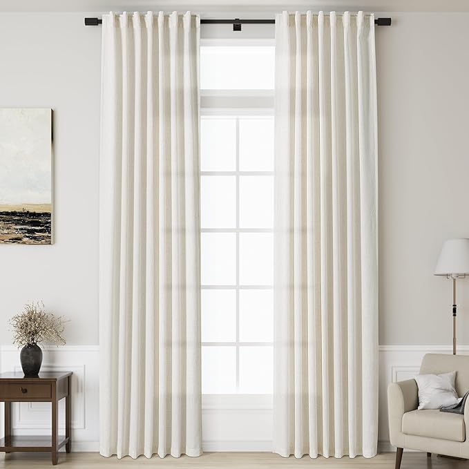 Cream Linen Curtains 139 Inches Long for Living Room Extra Long Back Tab Curtains Neutral Farmhouse Light Filtering Semi Sheer Linen Drapes Ceiling to Floor for Large Window 2 Panels Set 52x139