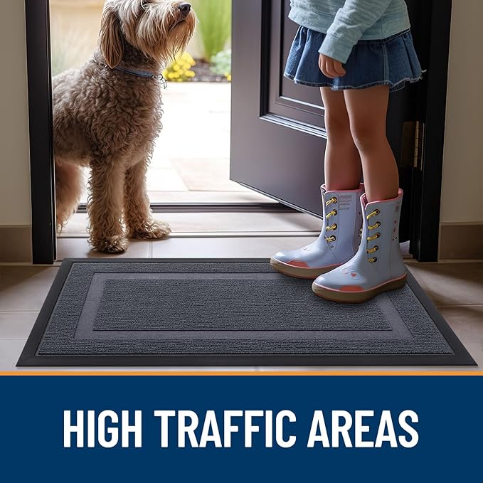 OLANLY Front Door Mat Indoor Outdoor Entrance, Waterproof All-Season, All-Weather Doormat, Sturdy Natural Rubber, Fade Resistant, Low Profile, Easy Clean Patio Porch Entryway Mat, 59x30, Light Grey