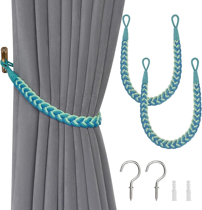 NICEEC 2 Pack Natural Cotton Rope Curtain Tiebacks Elegant Boho Style Decorative Drape Tie Backs Soft Hand-Woven Rope Curtain Holdbacks with Metal Hook for Home & Office Drapery (Gradient Blue)