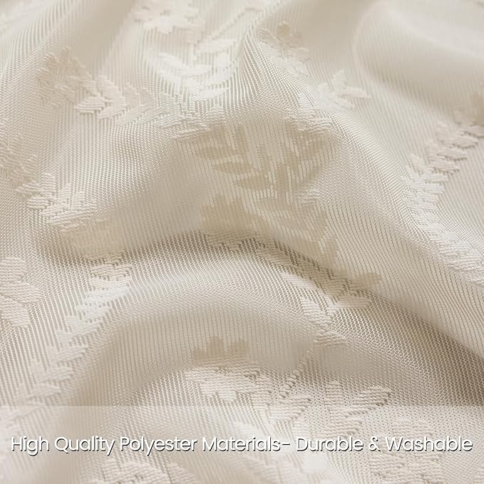 WAZZIO Boho Lace Curtains 2 Panels 108 Inches -Cute Vintage Victorian Sheer Panel Drape French Country Floral Pattern & Tassel Light Filtering Privacy for Bedroom Dining Living Room,Beige,W52x L108