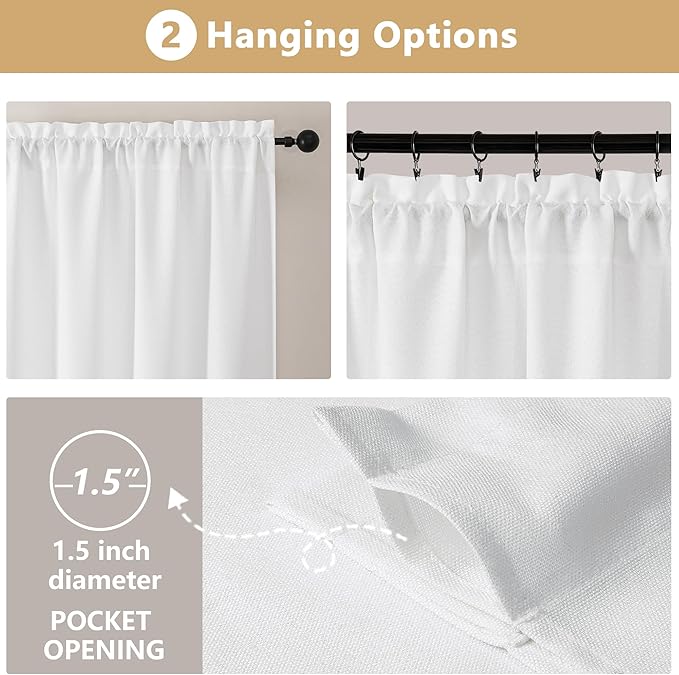 OVZME White Valance for Windows, Light Filtering ThickTextured Small Kitchen Valances for Window, Dual Rod Pocket Farmhouse Short Curtain for Bathroom Basement, 1 Piece, 60Wx20L Inch