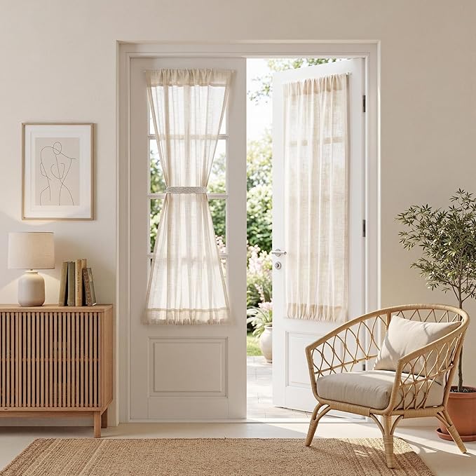 MYSKY HOME Linen French Door Curtains for Door Window 40 Inch Length 2 Panels Short Semi Sheer Light Filtering Curtain for Glass Small Window Drapes Rod Pocket for Bedroom Bathroom, Linen, 26" Wide