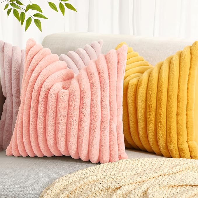 decorUhome Summer Cozy Faux Fur Throw Pillow Covers 22x22 Set of 2 Decorative Plush Striped Modern Farmhouse Boho Couch Euro Sham Pillow Cases with Velvet Back for Sofa Bed Living Room, Blush Pink