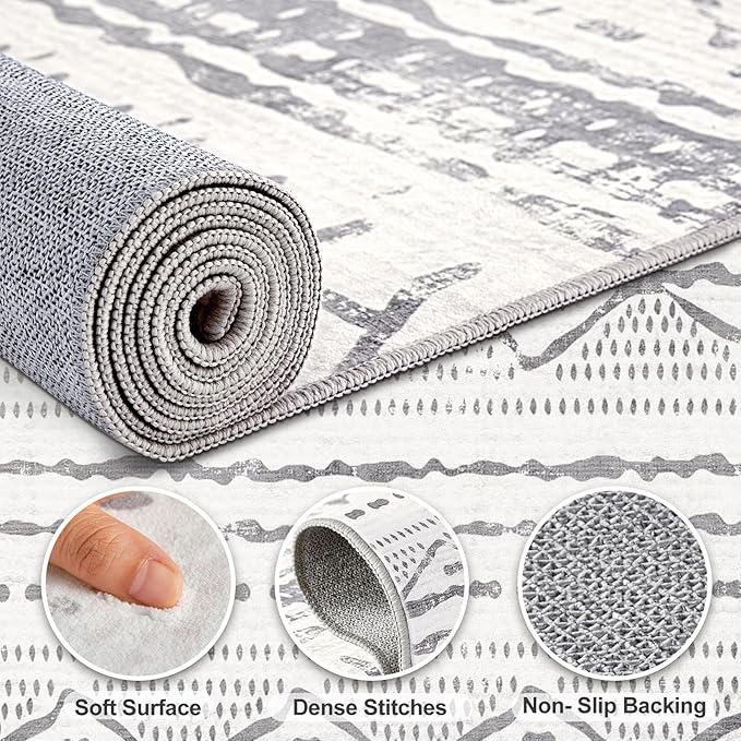 Nakagishi 5x8 Area Rug Living Room: Washable Boho Large Neutral Soft Rugs Farmhouse Stain Resistant Modern Indoor Non-Slip Carpet for Bedroom Nursery Kids Playroom Office Dining Room Dorm- Gray White