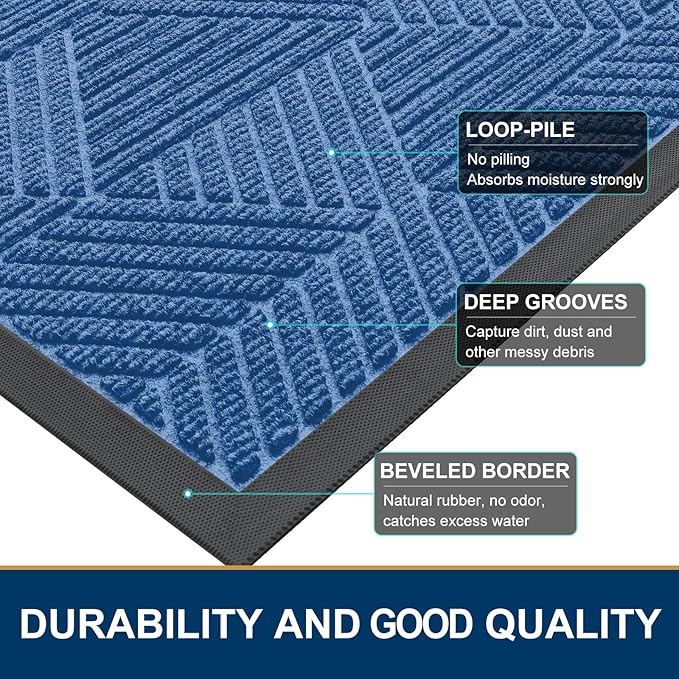 Smiry Front Door Mat Outside Entrance, Heavy Duty Sturdy Natural Rubber Doormat, Trap Dirt and Moisture, Easy Clean Low Profile Welcome Floor Mats for Indoor Outdoor Entry, 71x23 Inch, Blue