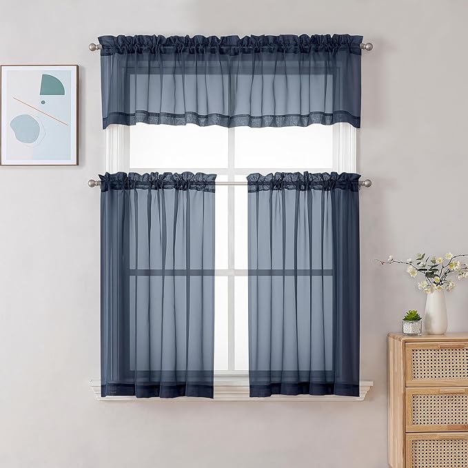 Gwine Navy Blue Sheer Curtains 30 Inch Length, Short Light Filtering Voile Small Cafe Kitchen Curtains with Rod Pocket, Short Curtain for Bathroom Window, 42x30 Inch, 2PCS