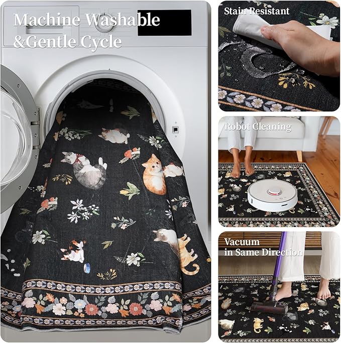 3x7 Washable Kitchen Runner Rug - Soft Low Pile Floral Animal Cat Print Rugs with Non-Slip Backing Waterproof Stain-Resistant Indoor Carpet for Hallway Entryway Bathroom Bedroom (Black)