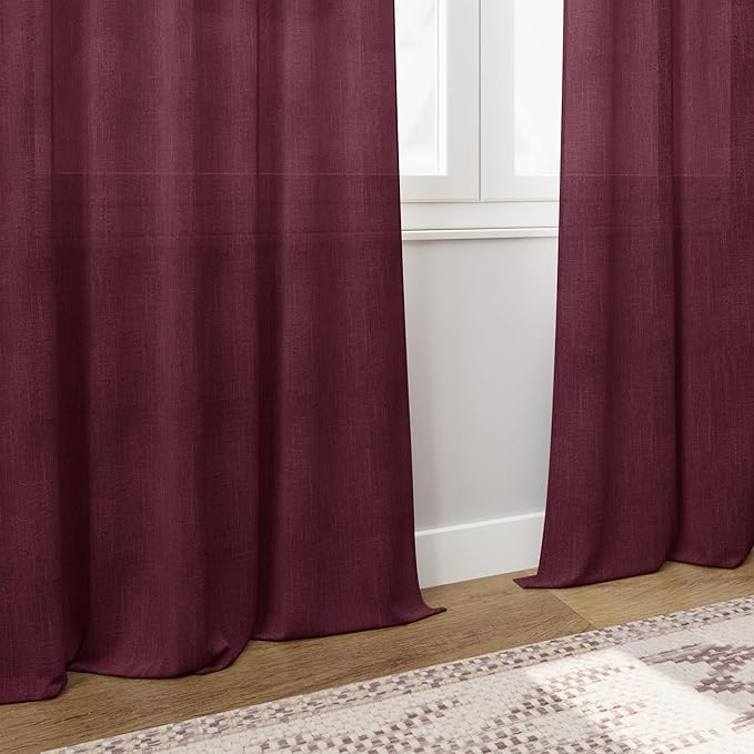 Burgundy Linen Curtains 90 Inch Long 2 Panels Set for Bedroom Living Room Linen Textured Window Drapes Semi Sheer Light Filtering Rod Pocket Back Tab Cotton Textured Farmhouse Curtain 52x90