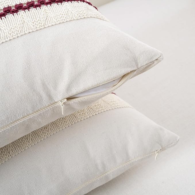 Fancy Homi Set of 1 Burgundy Boho Long Lumbar Decorative Throw Pillow Cover 12x24 Inch for Couch Bed Sofa, Aesthetic Modern Farmhouse Christmas Room Decor, Soft Cotton Cute Wind Red Cushion Case