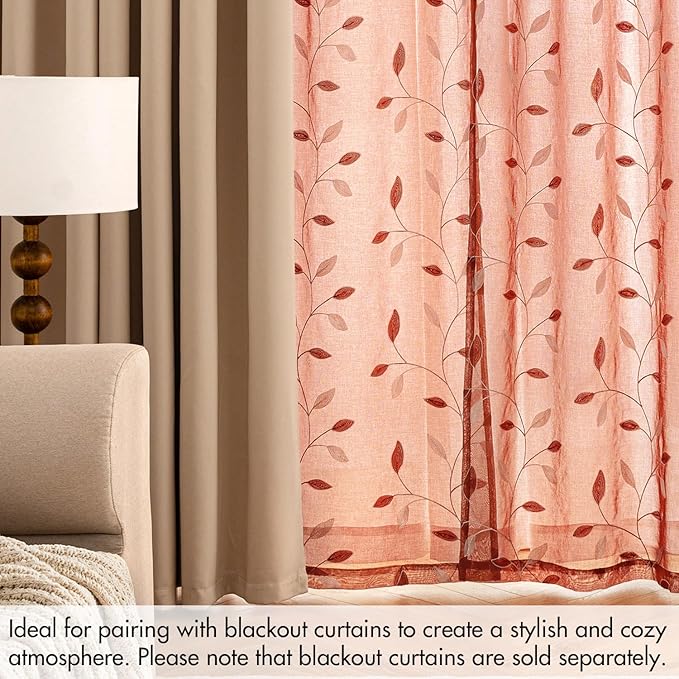 MIULEE Terracotta Sheer Curtains 2 Panels Embroidered Leaf Patterned burnt Orange Rod Pocket Floral Semi Faux Linen Fall Window Curtains Drapes Set for Living Room Bedroom Dining Room, 52x84 Inch Long