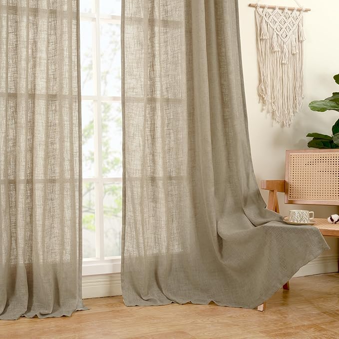 LAMIT Taupe Linen Curtains for Living Room 84 inch Length 2 Panels, Light Filtering Semi Sheer Curtains Back Tab and Rod Pocket Farmhouse Drapes for Bedroom/Sliding Glass Door, 52 x 84 Inch