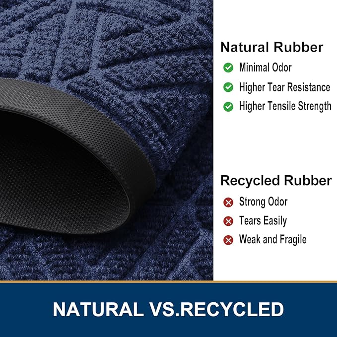 Smiry Front Door Mat Outside Entrance, Heavy Duty Sturdy Natural Rubber Doormat, Trap Dirt and Moisture, Easy Clean Low Profile Mats for Indoor Outdoor Entry, Grid Geometric (59x23, Navy Blue)