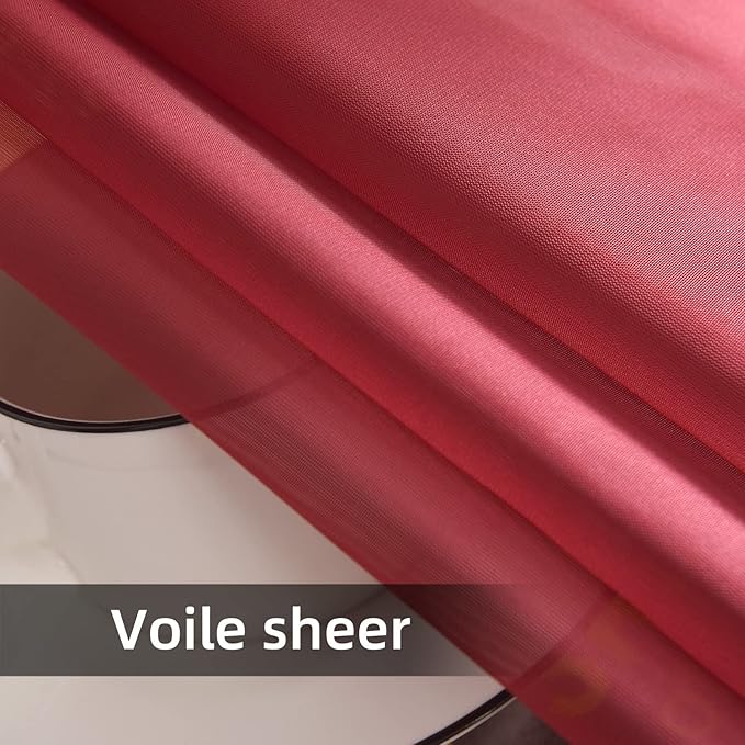 youleyar Solid Sheer Rod Pocket Curtain Voile Draperies 2 Panels White Beige Black Grey Coffee 52 Inch Width 108 Inch Long 1 Pair for Kitchen Bedroom Children Living Room Yard (Wine Red,52Wｘ108L)