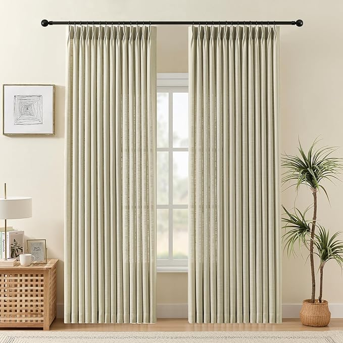 IVAPUPU Linen Pinch Pleated 84 Inch Curtains for Living Room, Semi Sheer Airy Privacy Linen Blend Curtain Memory Trained Back Tab Drapes with Hooks Rings for Bedroom Dining Room, 2 Panels, W40xL84