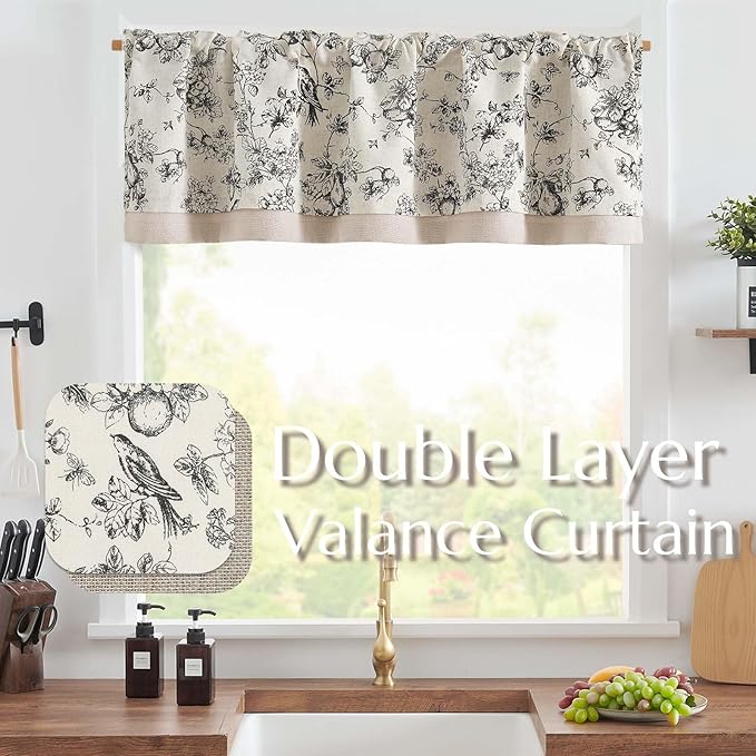 jinchan Linen Valance Curtain for 16 Inch Rustic Farmhouse Country Windows for Living Room Bedroom Bathroom Room Darkening Rod Pocket 1 Panel Black on White