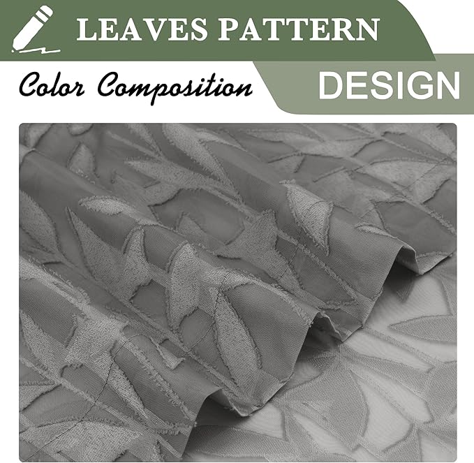 Lecloud Leia Charcoal Grey Sheer Kitchen Curtains 30 Inch Length 2 Pcs, Leaf Textured Voile Classic Jacquard Tiers, Dual Rod Pocket Window Treatments for Bedroom Living Room, Each Panel 28" W x 30" L