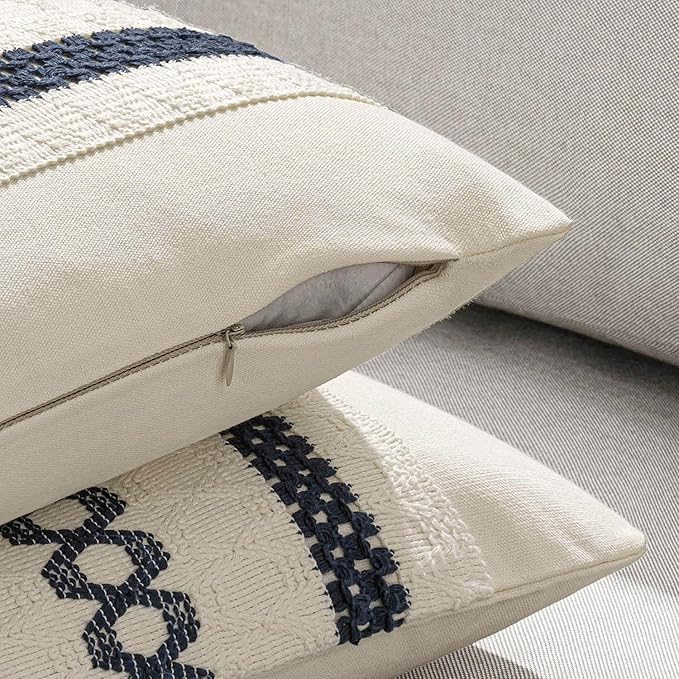 MIULEE Set of 2 Navy Blue Boho Decorative Pillow Covers 18x18 Inch Farmhouse Rustic Couch Throw Pillows Modern Spring Cotton Cushion Covers Retro Cute Macrame Woven Home Decor for Bed Sofa Chair