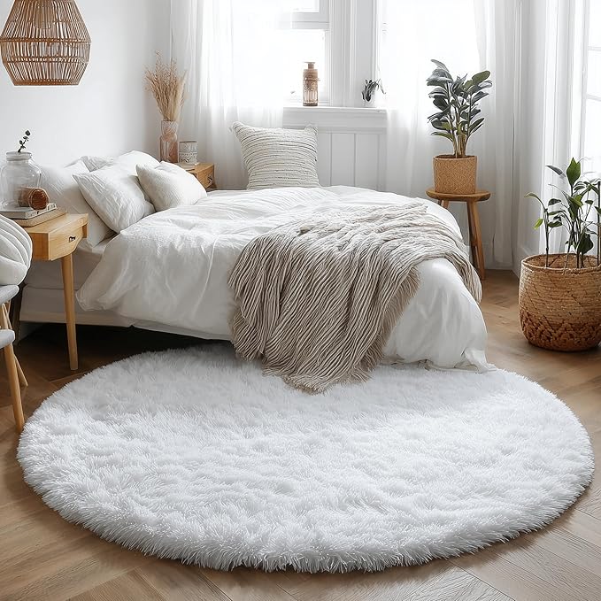 White Round Rug 6Ft for Bedroom, Circular Circle Area Rugs for Living Room, Large Soft Fluffy Shaggy Carpet for Teen Girls Boys, Kids Home Decor Aesthetic, Plush Throw Rugs for Dorm Nursery Playroom