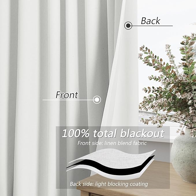 Guken Off White 100% Blackout Linen Curtains 72 Inch Length 2 Panels Set for Living Room Bedroom Back Tab Thermal Insulated Black Out Drapes Room Darkening Window Curtains 72 Inches Long