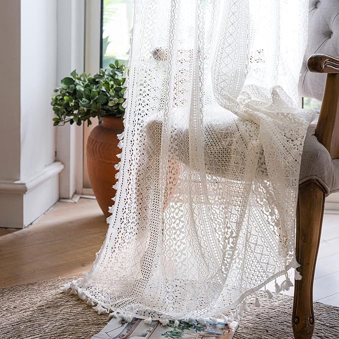 WAZZIO Boho Lace Curtains 72 Inches 2 Panel,Light Filtering Privacy Tassel & Geometry Crochet Semi Sheer Curtain Drapes for Bedroom Living Dining Room,Rod Pocket & Tassel,Victorian Decor,Off White