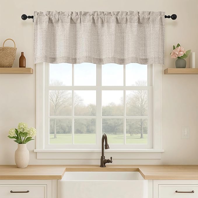 OVZME Valance for Windows, Light Filtering Faux Linen Textured Small Short Valance Kitchen Curtain, Dual Rod Pocket Top Short Window Curtain for Bathroom Basement Farmhouse, 52Wx16L Inch, Linen Color