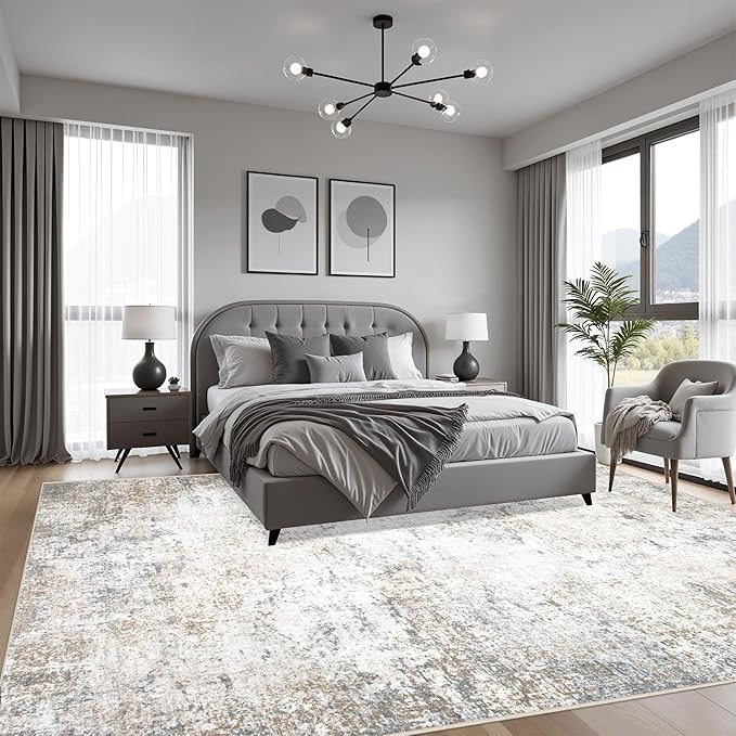10x12 Area Rug Living Room Rug: Washable Modern Abstract Soft Thin Rug Indoor Floor No Slip Stain Resistant Carpet for Bedroom Dining Room Farmhouse Nursery Home Office - Brown Grey