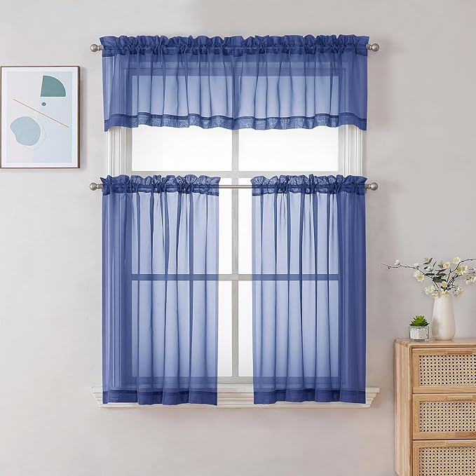 Gwine Royal Blue Sheer Curtain Tiers 24 Inch Length, Light Filtering Voile Short Curtain for Living Room Bedroom, Rod Pocket Cafe Curtains for Small Windows 42x24 Inch, 2PCS