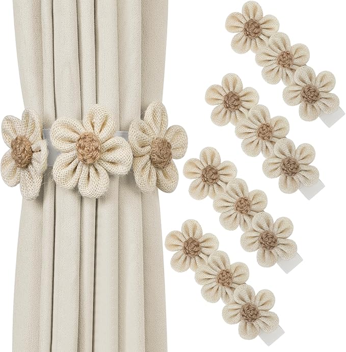 KLOGTSIND Flower Curtain Tiebacks, 4 Pack Boho Curtain Ties Elegant Three Flower Curtain Holdbacks, Decorative Window Treatment Tie Backs for Cute Bedroom Decor, Girl Nursery Decor, Farmhouse Decor