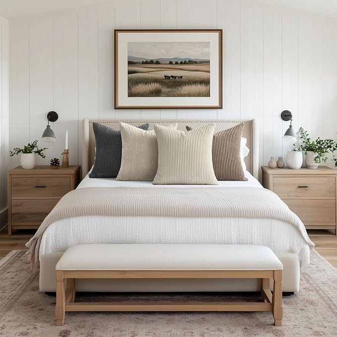 Topfinel 4 Packs Natural Decorative Throw Pillows Covers 22x22 Inch for Living Room Couch Bed Sofa, Rustic Farmhouse Boho Neutral Home Decor, Soft Plush Striped Corduroy Square Cushion Case 40x40 cm