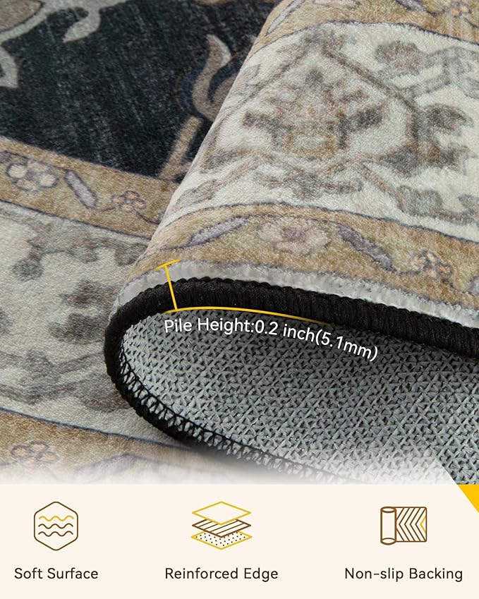 RELEANY Area Rugs Round 6ft Washable Non-Slip, Floral Vintage Distress Print Pattern Medallion Carpet for Living Room Bedroom Dining Room, Vintage Black Brown Neutral