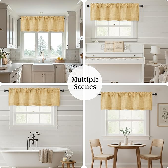 OWENIE Gold Valances for Windows 1 Pcs, Light Filtering Textured Farmhouse Short Small Valance Curtains for Bathroom Basement Living Room Bedroom, Rod Pocket Half Curtains Over Sink, 52Wx14L Inch