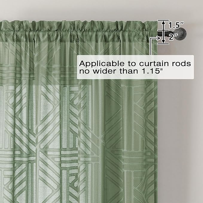 Simplebrand Sage Green Semi Sheer Curtains 96 Inches Long 2 Panels, Light Filtering Geometric Jacquard Clip Textured Sheer Curtains for Living Room，Modern Elegant Window Curtains Drapes，42x96 inch