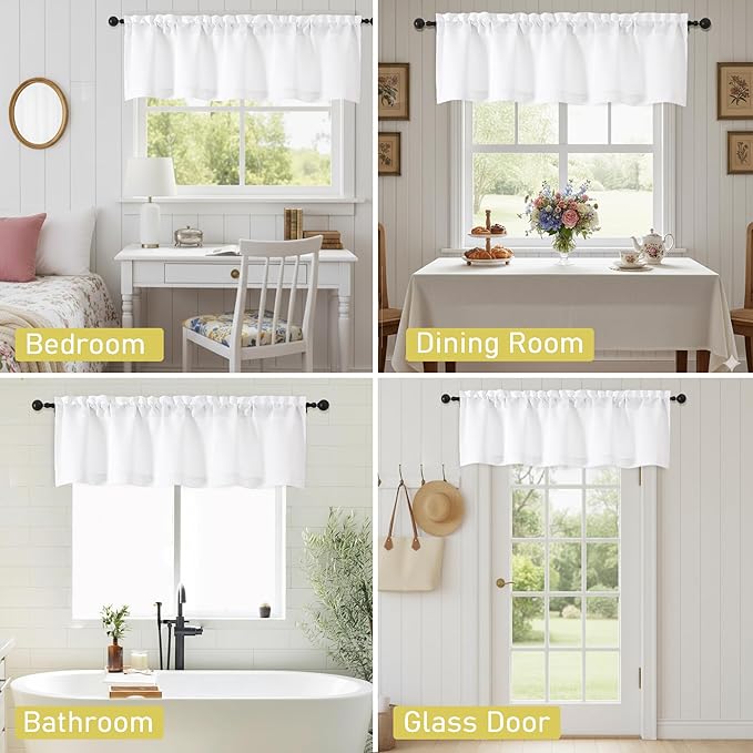 Valances for Windows, Light Filtering Faux Linen Textured Small Short Valance Curtains for Bathroom Basement Farmhouse, Rod Pocket Top Half Curtains for Windows, White 52Wx12L Inch
