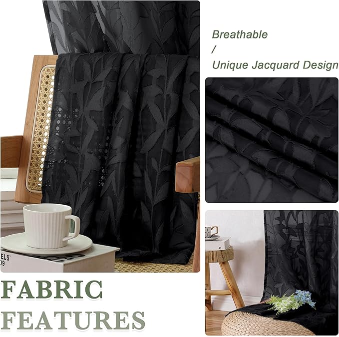 Lecloud Leia Black Sheer Curtains for Bedroom Decor 54 Inch Length 2 Pcs, Jacquard Leaf Textured Light Filtering Voile Living Room Curtains, Dual Rod Pockets Drapes, Each Panel 42" W x 54" L