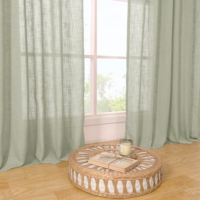 LAMIT Sage Grey Linen Curtains 48 Inch Length 2 Panels, Light Filtering Panels Back Tab and Rod Pocket Neutral Drapes for Kitchen/Window/Loft Room/Bedroom, 34 x 48 Inch