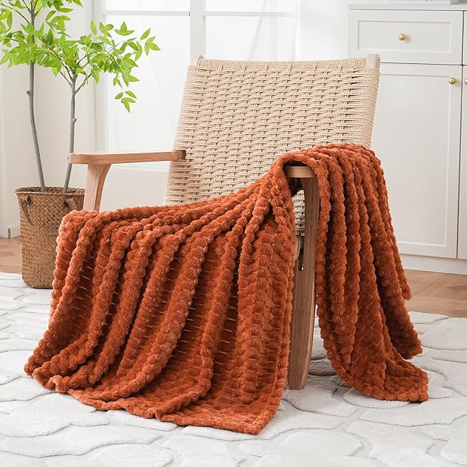 Puncuntex Burnt Orange Throw Blanket 108"×90" inches Fuzzy 3D Jacquard Decorative Flannel Fleece Super Soft Plush Cozy Blanket for Couch Sofa Chair Lightweight