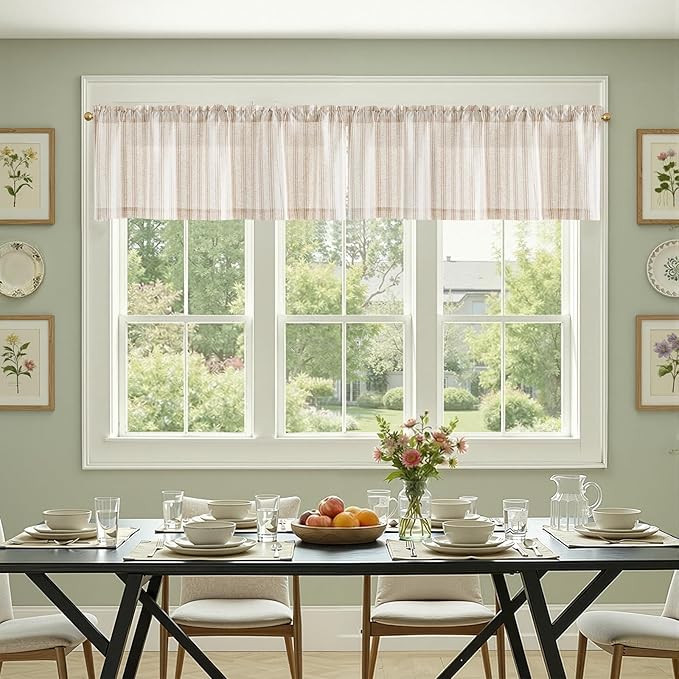 JINCHAN Striped Valance Window Treatment Linen Valance for Windows Small Window Farmhouse Curtain Light Filtering Flax 16 Inch Length Rod Pocket 1 Panel Tan on Linen