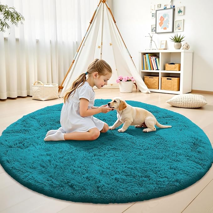 OLANLY Teal Round Rugs for Bedroom - Machine Washable, 5 ft Circle Area Rugs for Living Room, Soft and Fluffy Shaggy Carpet for Teen Girl and Boys, Nursery Rooms, Dorms, Home Decor Aesthetic