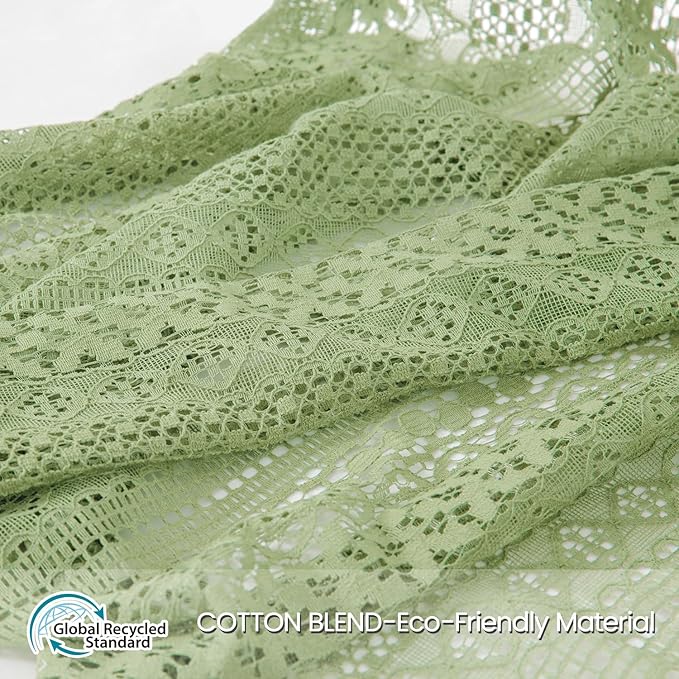WAZZIO Boho Lace Curtains 63 Inches 2 Panel,Light Filtering Privacy Tassel & Geometry Crochet Semi Sheer Curtain Drapes for Bedroom Living Dining Room,Rod Pocket & Tassel,Grass Green