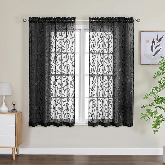 OWENIE Furman Sheer White Curtains, 45 Inch Length 2 Panels Set, Airy Jacquard Clip Short Curtains for Small Window, Semi Sheer for Bathroom Bedroom Living Room, 40Wx45L inch