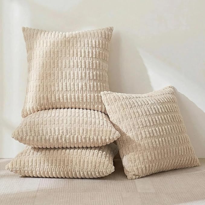 Fancy Homi 4 Packs Tan Decorative Throw Pillow Covers 22x22 Inch for Living Room Couch Bed Sofa, Beige Rustic Farmhouse Boho Home Decor, Soft Plush Striped Corduroy Square Cushion Case 55x55 cm